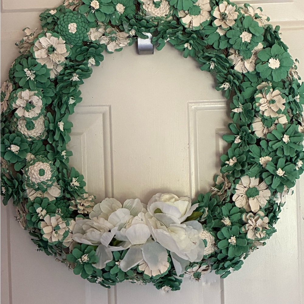 Green and White Floral Holiday Wreath with pinecones
